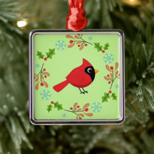 Cute Cartoon Red Cardinal with Flowers Metal Ornament
