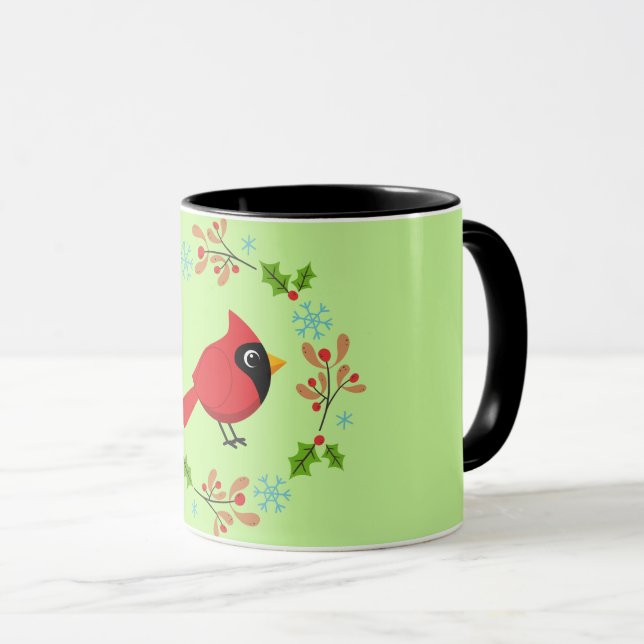 Cute Cartoon Red Cardinal with Flowers Mug (Front Right)