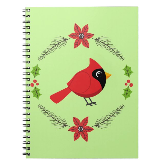 Cute Cartoon Red Cardinal with Flowers Notebook (Front)