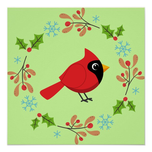 Cute Cartoon Red Cardinal with Flowers Poster (Front)