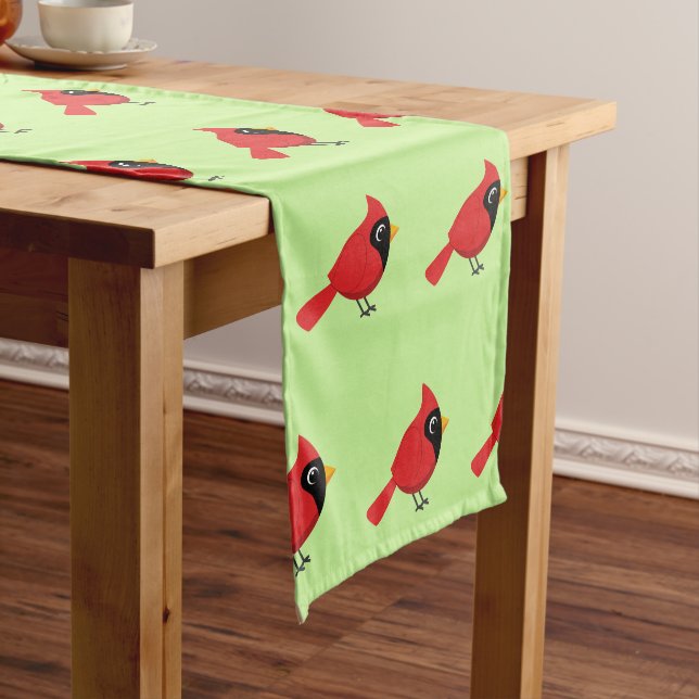 Cute Cartoon Red Cardinal with Flowers Short Table Runner (In Situ)