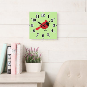 Cute Cartoon Red Cardinal with Flowers Square Wall Clock