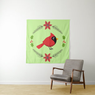 Cute Cartoon Red Cardinal with Flowers Tapestry