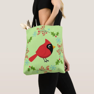 Cute Cartoon Red Cardinal with Flowers Tote Bag
