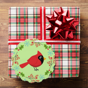 Cute Cartoon Red Cardinal with Flowers Tree Decoration Card