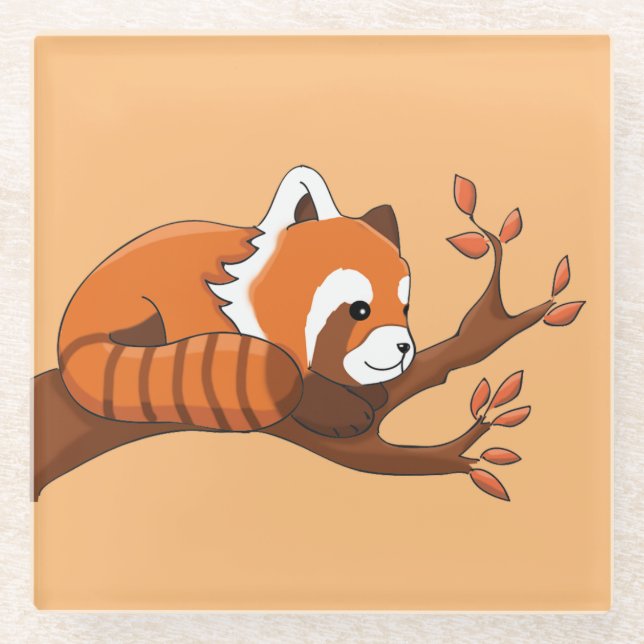Cute Cartoon Red Panda in Tree Glass Coaster (Front)