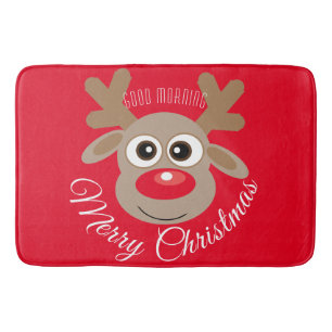 Cute Cartoon Reindeer Christmas Red Script Bath Mat