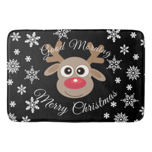 Cute Cartoon Reindeer Christmas White Script Black Bath Mat