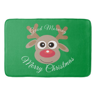 Cute Cartoon Reindeer Christmas White Script Green Bath Mat