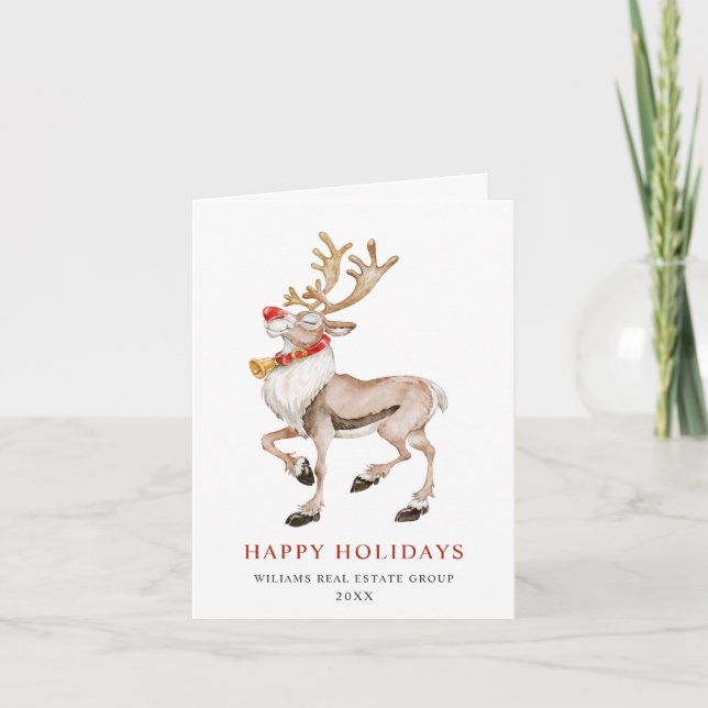 Cute Cartoon Reindeer Corporate Greeting Holiday Card (Front)