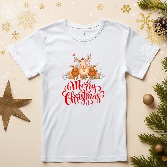 Cute Cartoon Reindeer Family "Merry Christmas" T-Shirt (Cute Cartoon Reindeer Family "Merry Christmas" T-Shirt
)