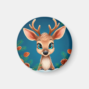 Cute Cartoon Reindeer in Winter with Pine Cones Magnet