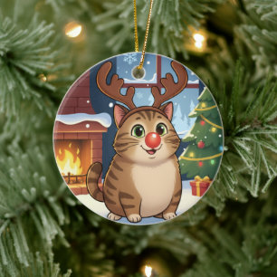 Cute Cartoon Reindeer Kitty Rudolph Cat Christmas Ceramic Ornament