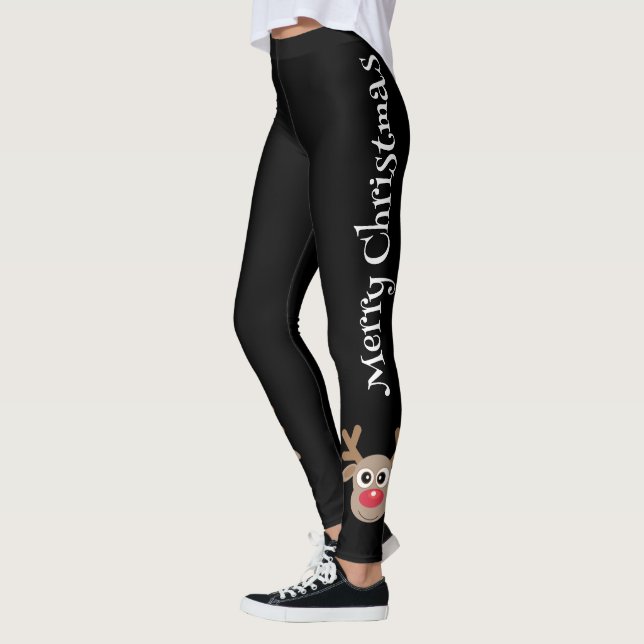Cute Cartoon Reindeer Merry Christmas Black Leggings (Left)