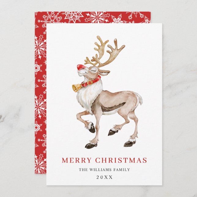 Cute Cartoon Reindeer Merry Christmas Greeting Holiday Card (Front/Back)