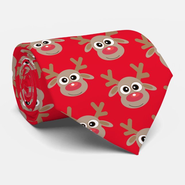 Cute Cartoon Reindeer Pattern Christmas Fun Red Tie (Rolled)