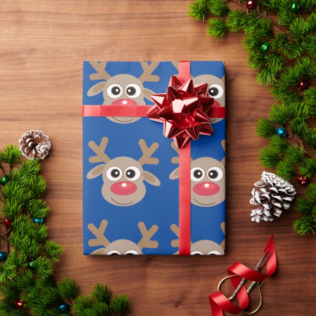 Cute Cartoon Reindeer Pattern Fun Blue Wrapping Paper (Holiday Gift)