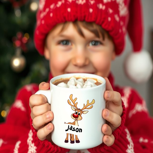 Cute cartoon reindeer personalised Christmas Coffee Mug (Creator Uploaded)