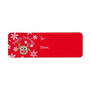 Cute Cartoon Reindeer Snowflake Red Christmas Gift Return Address Label