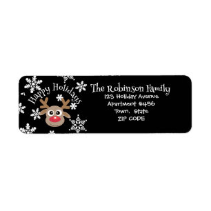 Cute Cartoon Reindeer Snowflakes Black Christmas Return Address Label