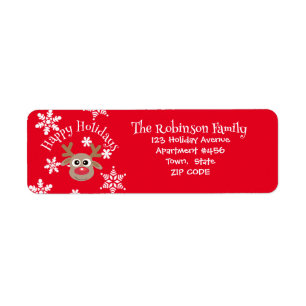Cute Cartoon Reindeer Snowflakes Red Christmas Return Address Label