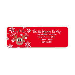 Cute Cartoon Reindeer Snowflakes Red Christmas Return Address Label