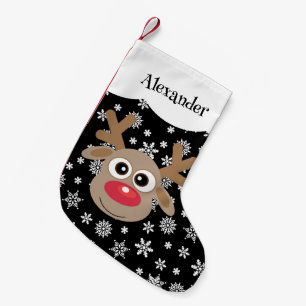 Cute Cartoon Reindeer White Snowflakes Black Small Christmas Stocking