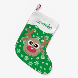 Cute Cartoon Reindeer White Snowflakes Green Small Christmas Stocking