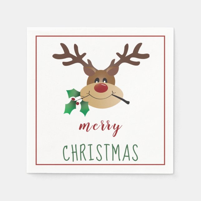 Cute Cartoon Reindeer With Mistletoe Napkin (Front)