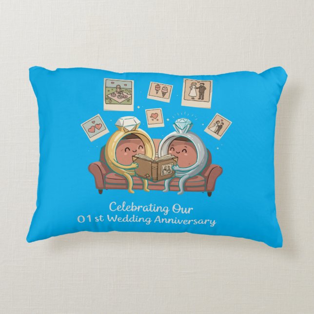 Cute Cartoon Rings 1st Wedding Anniversary Couple  Decorative Cushion (Back)