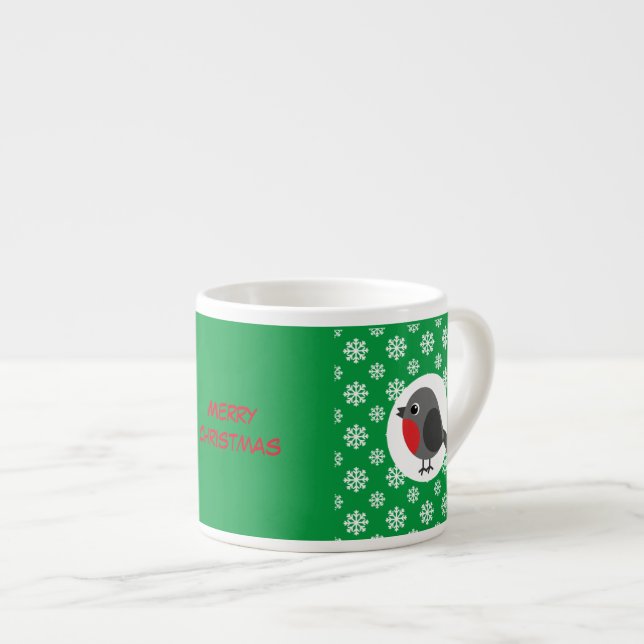 Cute Cartoon Robin with Snowflakes | Add Text Espresso Cup (Front Right)