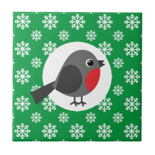 Cute Cartoon Robin with the Snowflakes Ceramic Tile