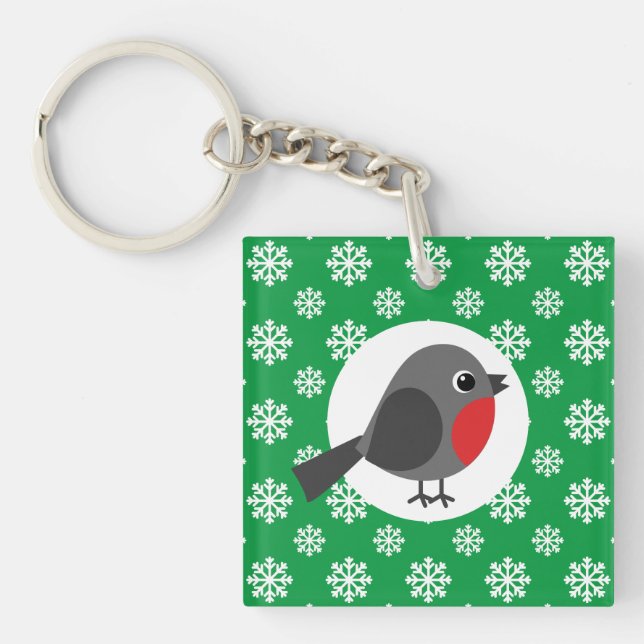 Cute Cartoon Robin with the Snowflakes Key Ring (Front)