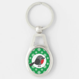 Cute Cartoon Robin with the Snowflakes Key Ring
