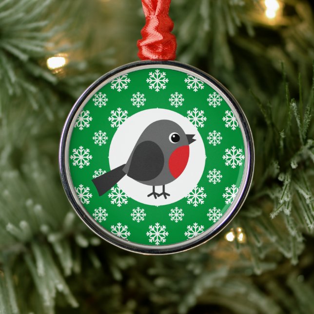 Cute Cartoon Robin with the Snowflakes Metal Ornament (Tree)