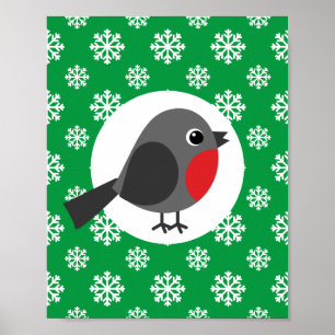 Cute Cartoon Robin with the Snowflakes Poster