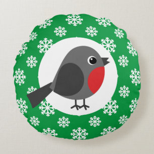 Cute Cartoon Robin with the Snowflakes Round Cushion