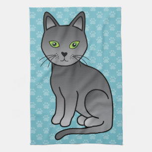 Cute Cartoon Russian Blue Cat Smiling Tea Towel