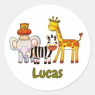 Cute Cartoon Safari Animals custom name Classic Round Sticker
