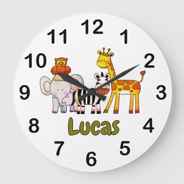 Cute Cartoon Safari Animals custom name Large Clock (Front)