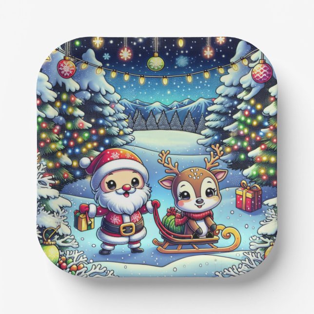 Cute Cartoon Santa and Reindeer Christmas Paper Plate (Front)