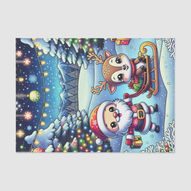 Cute Cartoon Santa and Reindeer Christmas Tissue Paper (Front)