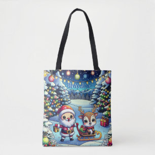 Cute Cartoon Santa and Reindeer Christmas Tote Bag