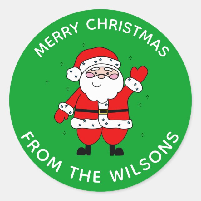 Cute Cartoon Santa Christmas Green Classic Round Sticker (Front)