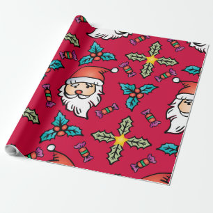 Cute Cartoon Santa Claus and Candy Red Christmas Wrapping Paper