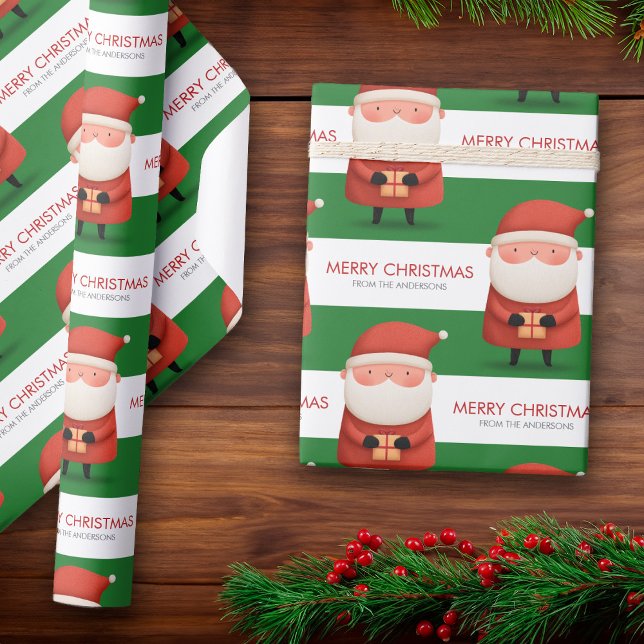 Cute Cartoon Santa Merry Christmas Name Green Gift Wrapping Paper (Cute Cartoon Santa Merry Christmas Name Green Gift Wrapping Paper)