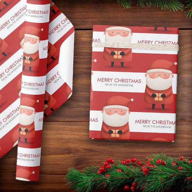Cute Cartoon Santa Merry Christmas Name Red Gift Wrapping Paper (Cute Cartoon Santa Merry Christmas Name Red Gift Wrapping Paper)