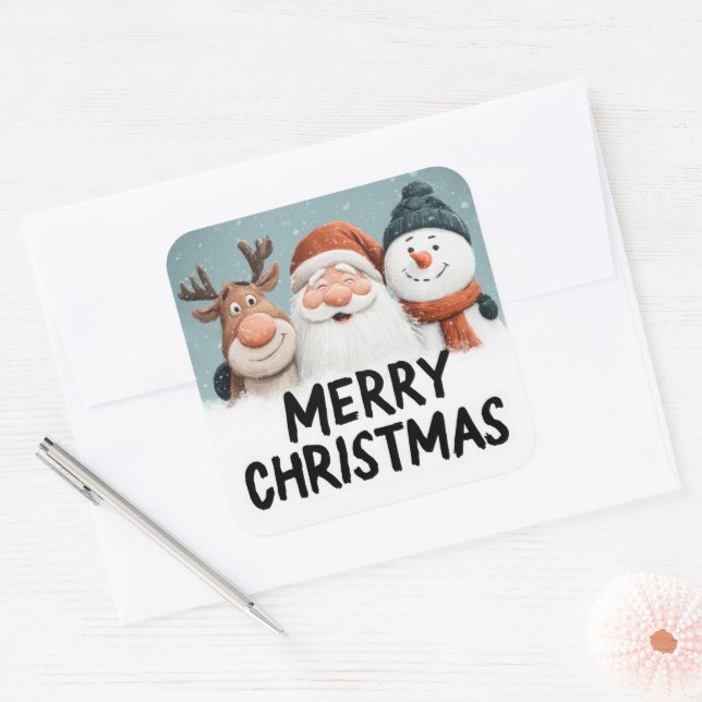 Cute Cartoon Santa Reindeer Snowman Merry Xmas Square Sticker (Envelope)