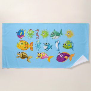 Cute Cartoon Sea Life & Colourful Fish School Beac Beach Towel