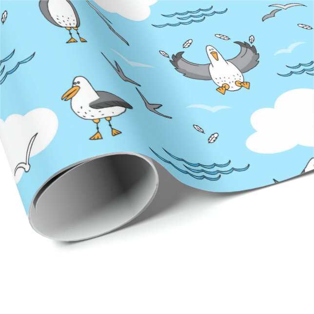 Cute Cartoon Seagull Birds Coastal Themed Wrapping Paper (Roll Corner)